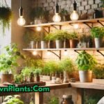 A cozy indoor space with fresh herbs thriving under artificial lights