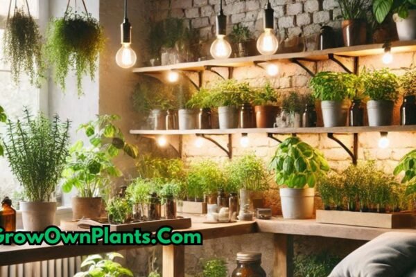 A cozy indoor space with fresh herbs thriving under artificial lights