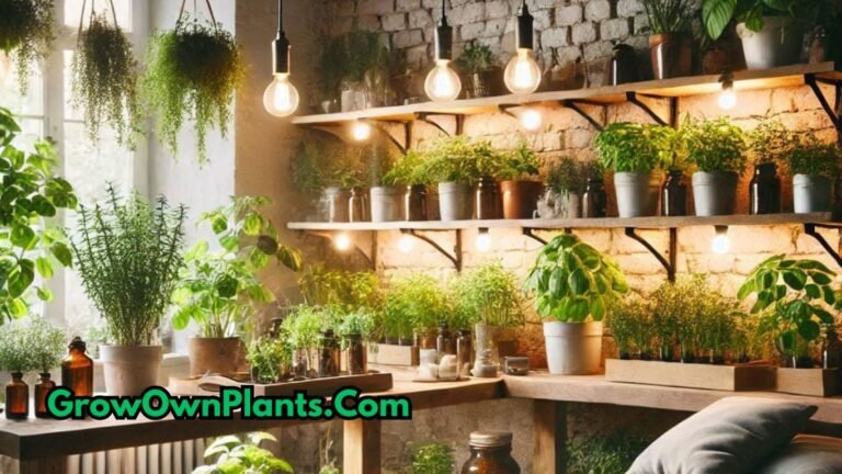 A cozy indoor space with fresh herbs thriving under artificial lights