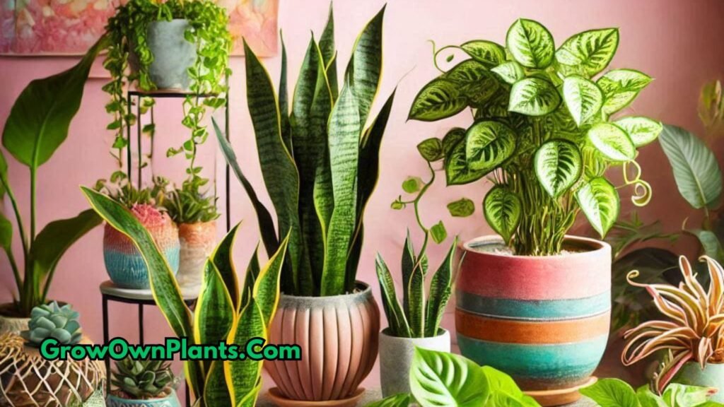 Collage of low-maintenance indoor plants like Snake Plant, ZZ Plant, and Pothos in decorative pots placed in a cozy living room