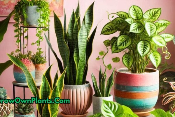 Collage of low-maintenance indoor plants like Snake Plant, ZZ Plant, and Pothos in decorative pots placed in a cozy living room