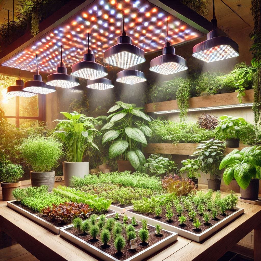 LED grow lights placed above an indoor herb garden