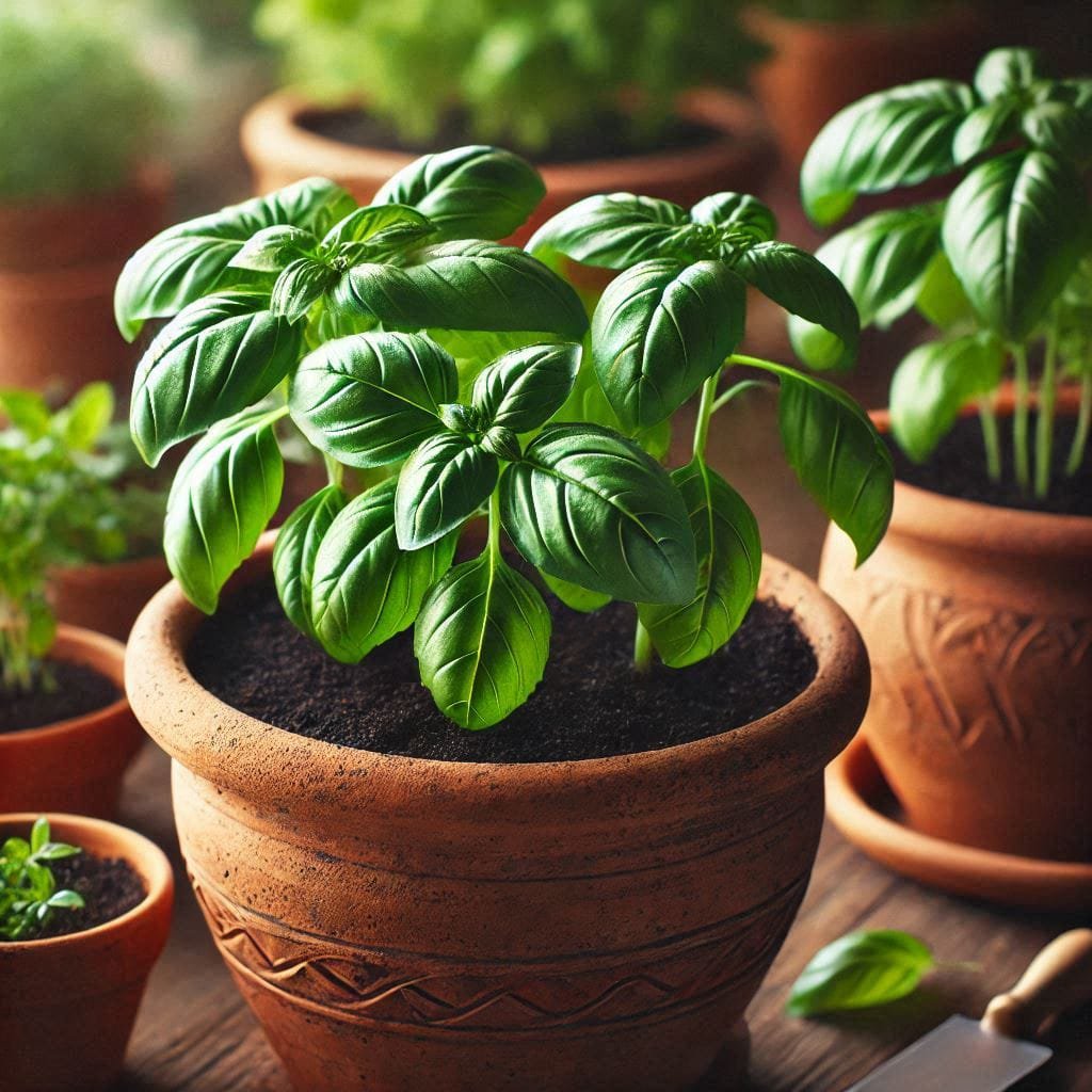 Well-drained terracotta pots with thriving basil plants