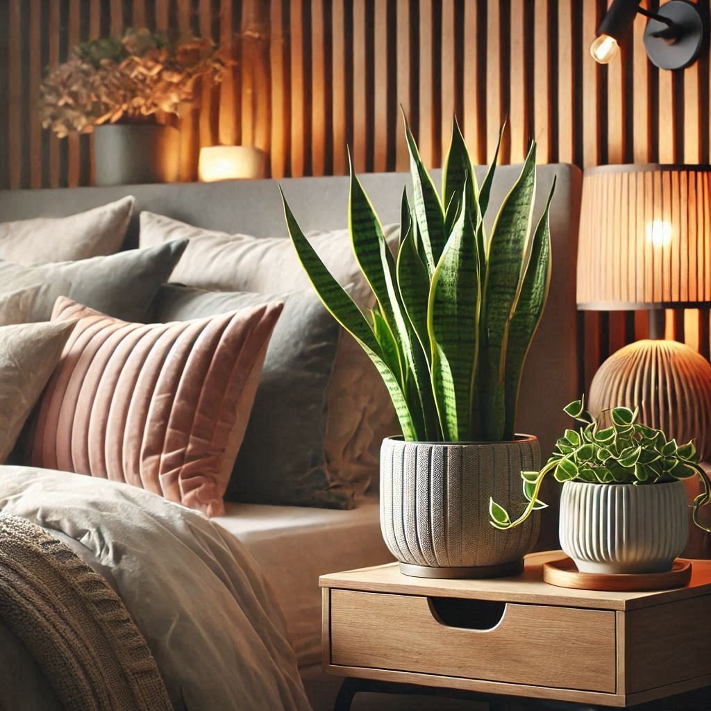 Snake plant in a corner of a cozy bedroom, ideal for improving air quality and sleep