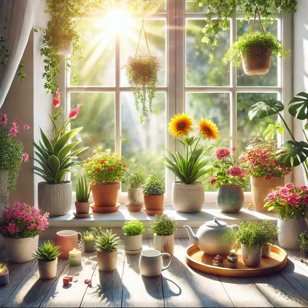 A sunny windowsill filled with colorful indoor plants, promoting happiness