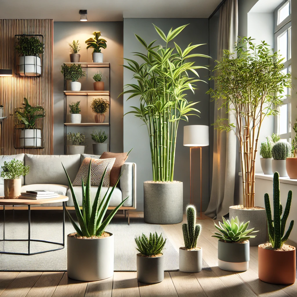 A realistic image of low-maintenance indoor plants for small apartments, showcasing aloe vera, lucky bamboo, and cactus plants in a cozy, modern living