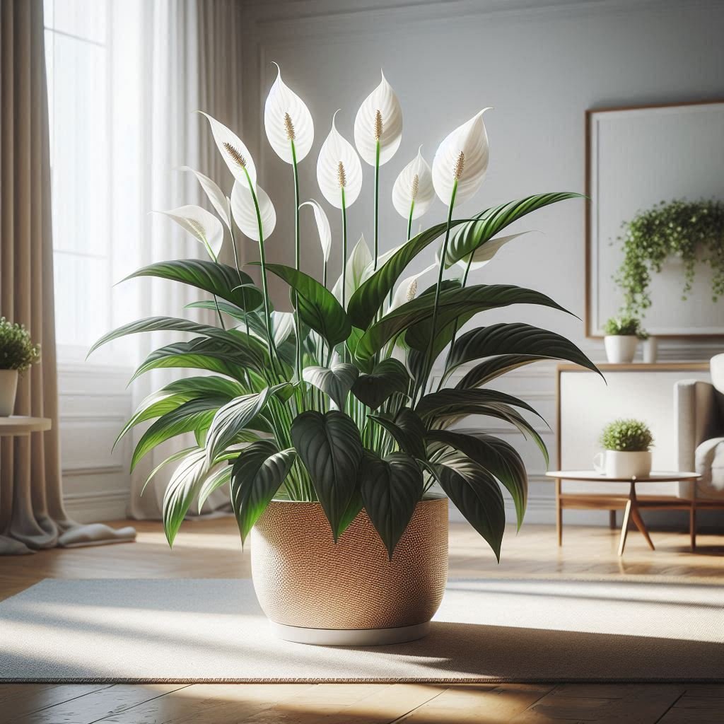 Peace lily plant with elegant white blooms and dark green leaves placed in a room