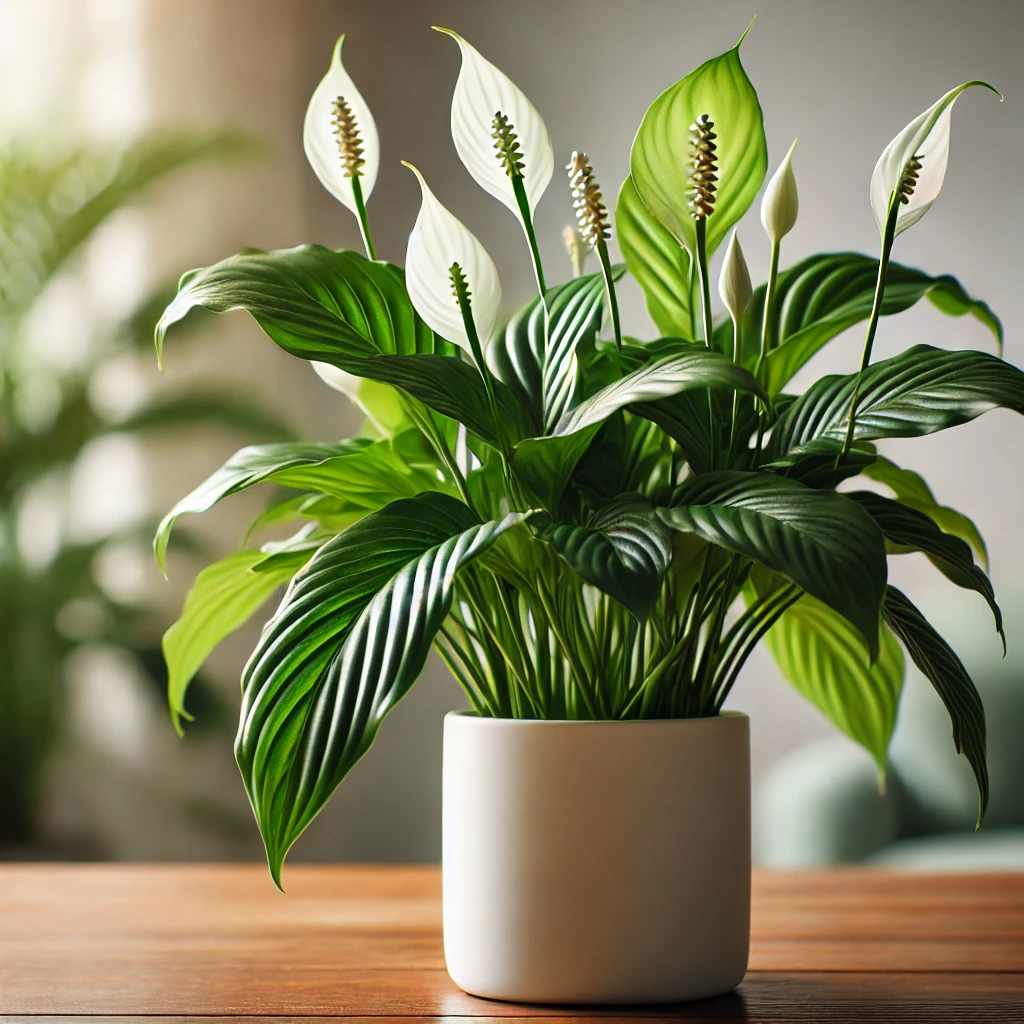 A close-up of a peace lily in a ceramic pot, ideal for reducing stress